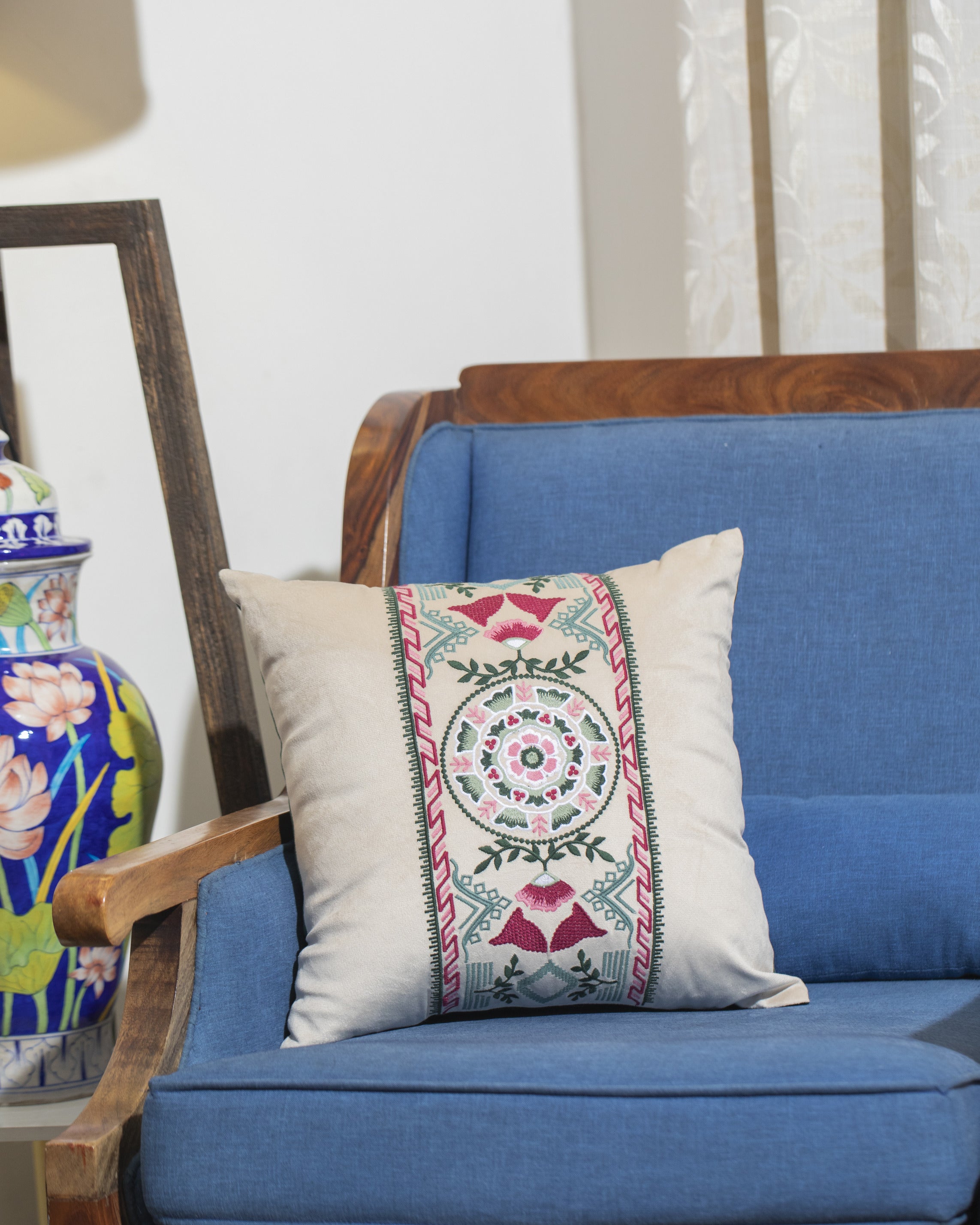Azure Dreams - A Hand-Embroidered Velvet Cushion Cover