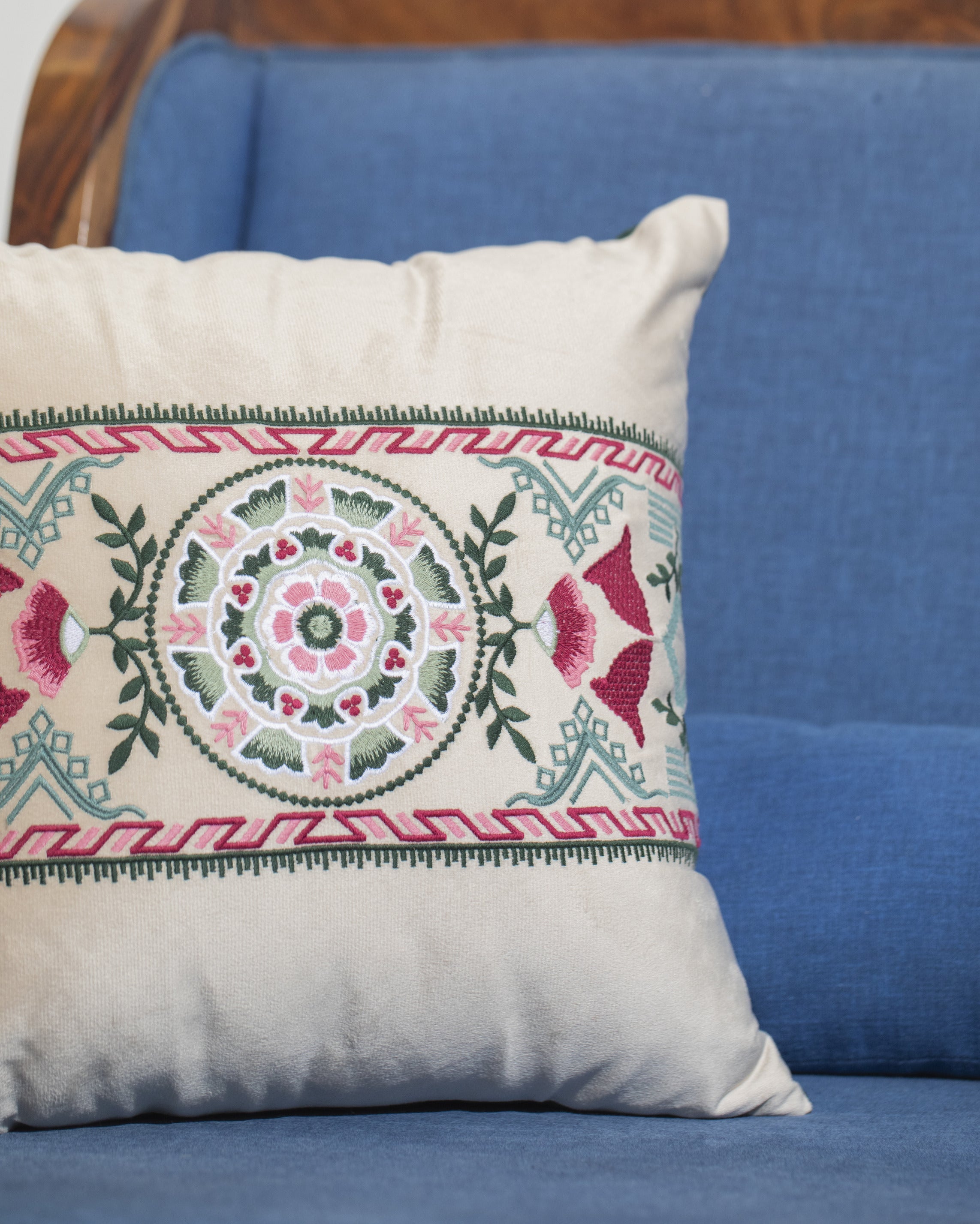 Azure Dreams - A Hand-Embroidered Velvet Cushion Cover