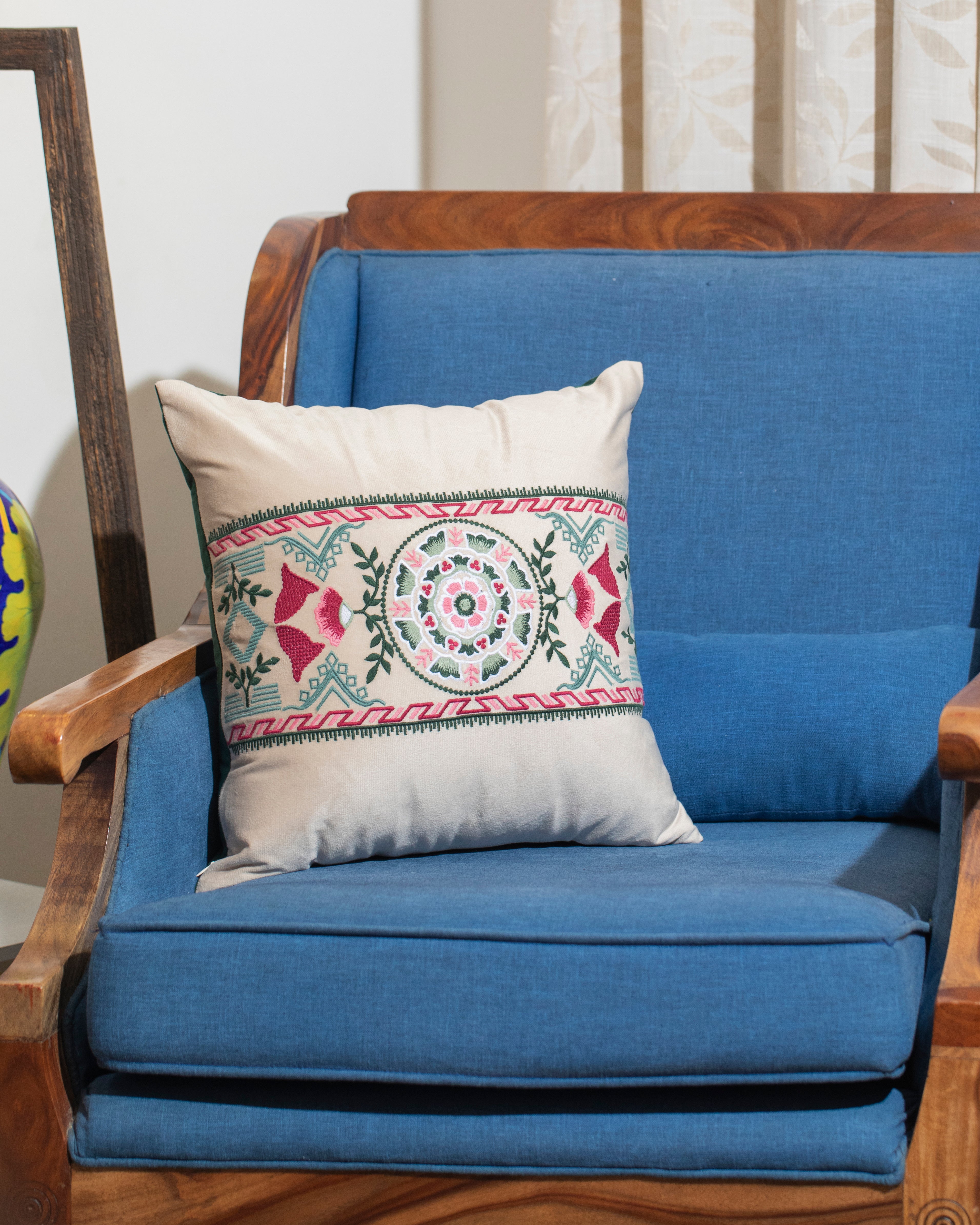 Azure Dreams - A Hand-Embroidered Velvet Cushion Cover